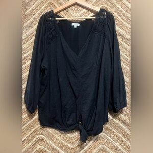 Max Studio Women's Black Blouse with Lace,Tie Knot Front,Size 3X